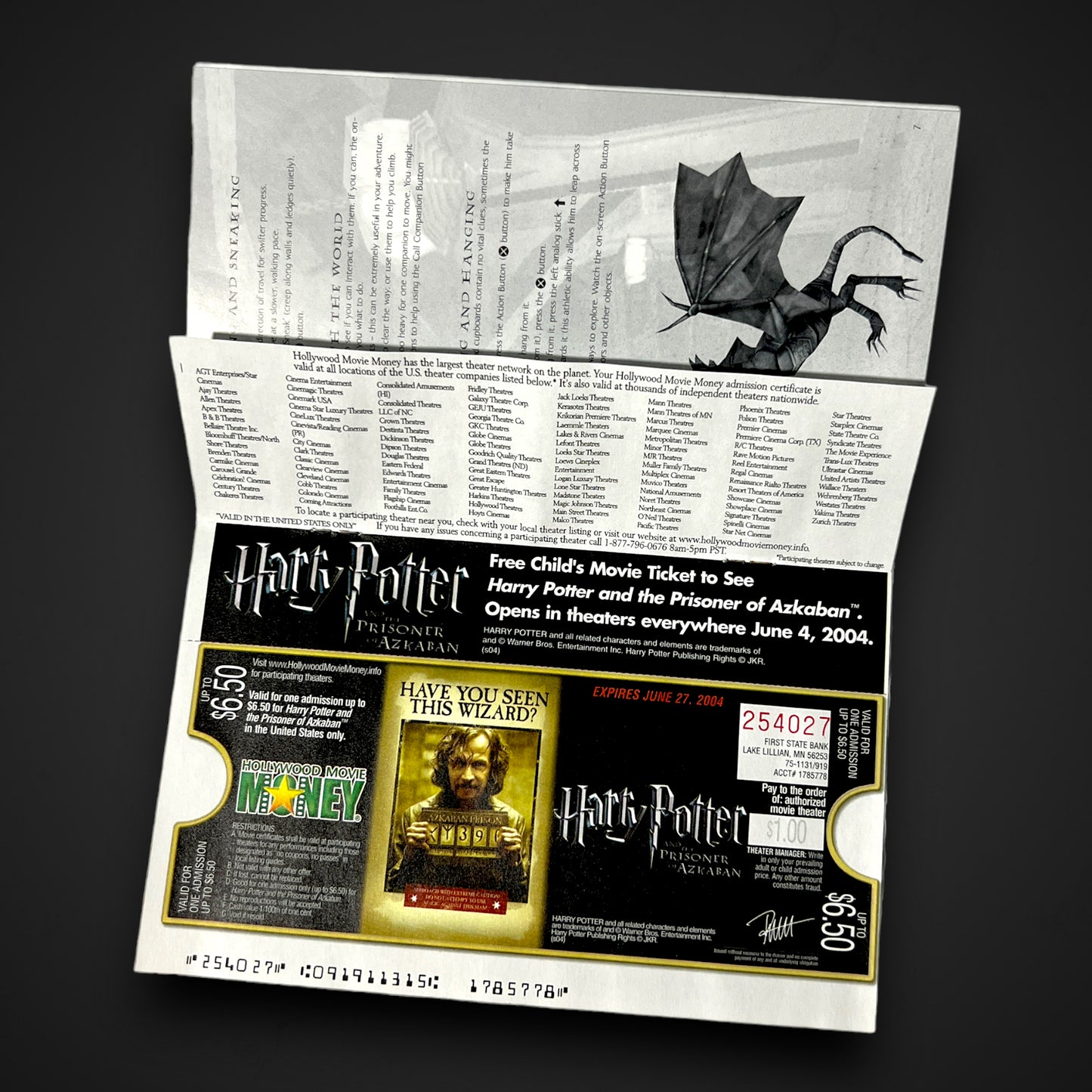 Harry Potter And The Prisoner Of Azkaban - Movie Ticket Cover (PlayStation 2, 2004)